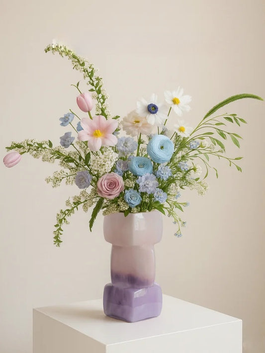 Modern Stacked Glass Vase - Purple to Pink Gradient, Handcrafted Geometric Home Decor, Luxury Centerpiece for Living Room & Wedding