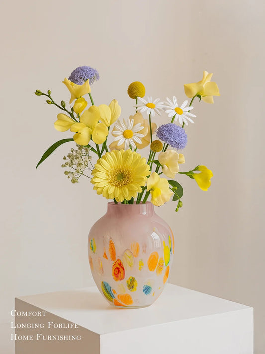 Hand-Painted Art Glass Vase - Multicolor Splash Design, White Base with Rainbow Accents, Boho Chic Home Decor