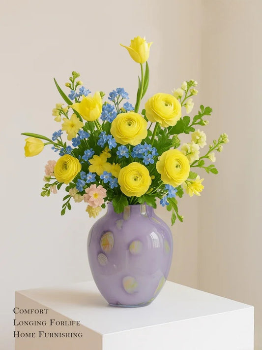 Hand-Painted Art Glass Vase - Multicolor Splash Design, Purple Base with Rainbow Accents, Boho Chic Home Decor