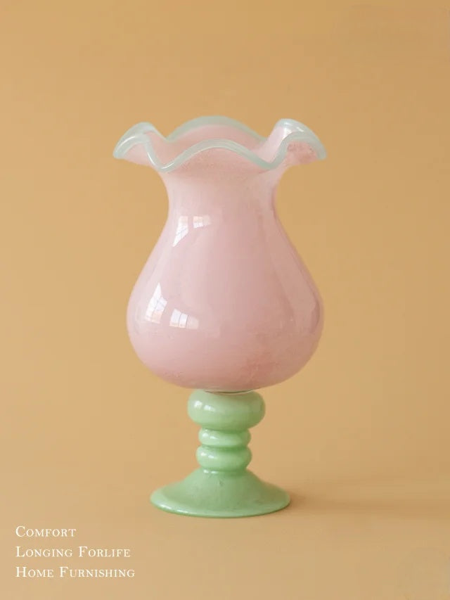 Handmade Wave-Rim Glass Vase - Pink & Green Ombre, Stacked Geometric Base, Boho Home Decor, Centerpiece for Living Room