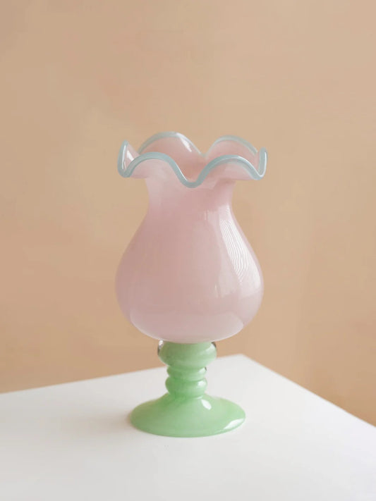 Handmade Wave-Rim Glass Vase - Pink & Green Ombre, Stacked Geometric Base, Boho Home Decor, Centerpiece for Living Room