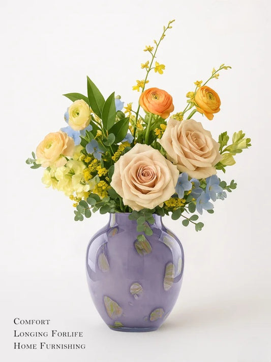 Hand-Painted Art Glass Vase - Multicolor Splash Design, Purple Base with Rainbow Accents, Boho Chic Home Decor