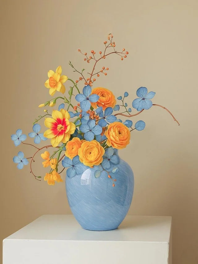 Minimalist Decorative Flower Vase for Home Handcrafted Crystal Flower Vase with Blue Glossy Finish