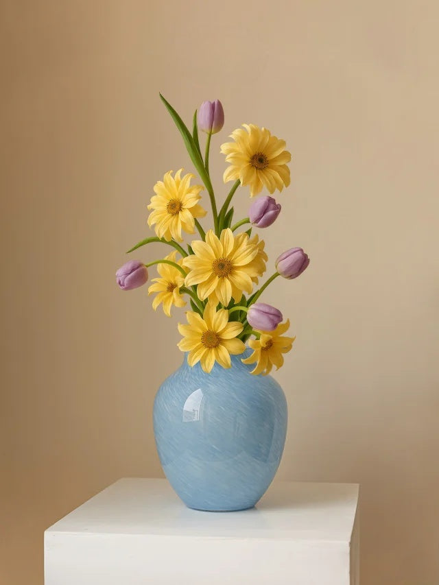Minimalist Decorative Flower Vase for Home Handcrafted Crystal Flower Vase with Blue Glossy Finish