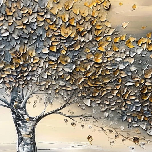 Tree of Life Oil Painting | Stretched Canvas Print | Abstract Gold & Silver Blossom Tree Wall Art | Living Room Home Decor