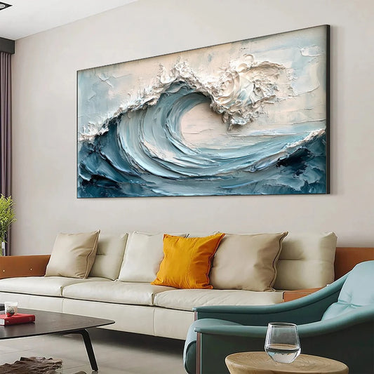 3D Frame Ocean Wave Oil Painting On Canvas Abstract Nature Blue Sea Wave Scenery Textured Wall Art Large Original Wall Art Living Room Decor