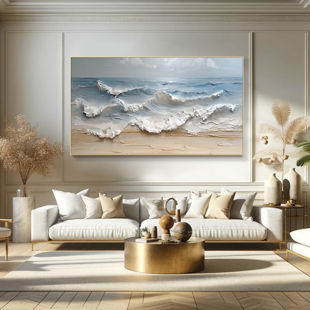 Blue Ocean Wave Painting on Canvas Impasto Textured Painting Designer Serene Canvas Art Choice Minimalist Living Room Art Contemporary Art