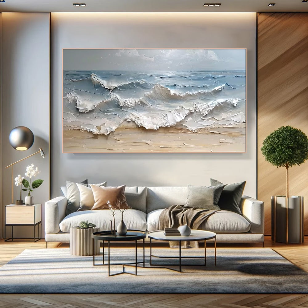 Blue Ocean Wave Painting on Canvas Impasto Textured Painting Designer Serene Canvas Art Choice Minimalist Living Room Art Contemporary Art