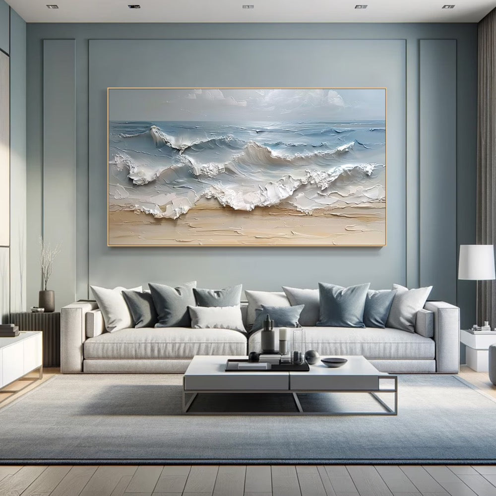 Blue Ocean Wave Painting on Canvas Impasto Textured Painting Designer Serene Canvas Art Choice Minimalist Living Room Art Contemporary Art