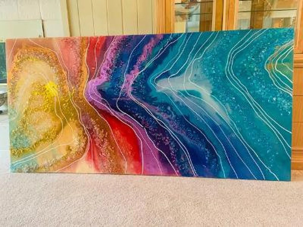 Crystal Resin Glass Huge Agate Abstract Modern Custom Gold Orange Red Green Blue Purple Teal Crystal Water Earth Glass Painting