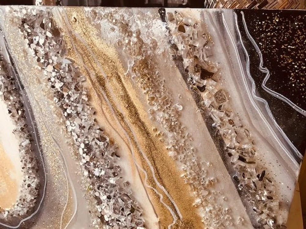 Resin Wall Geode Art Big to Huge Painting Quartz Glass Original Abstract Modern Silver Gold Gray Crystal Foil Leaf