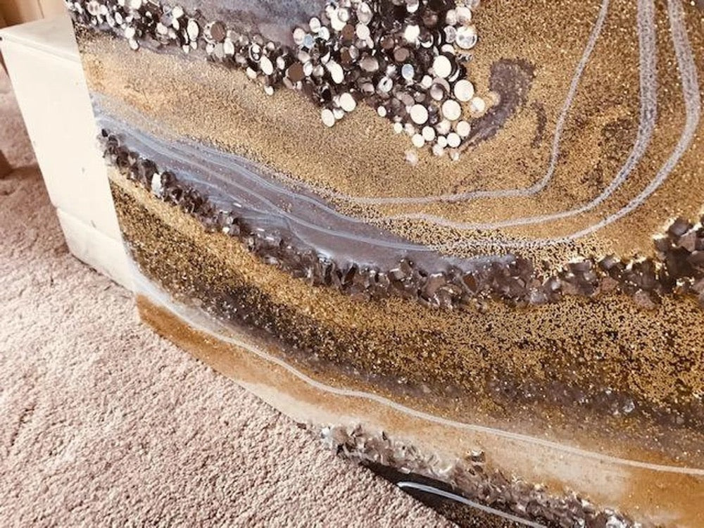 Resin Wall Geode Art Big to Huge Painting Quartz Glass Original Abstract Modern Silver Gold Gray Crystal Foil Leaf