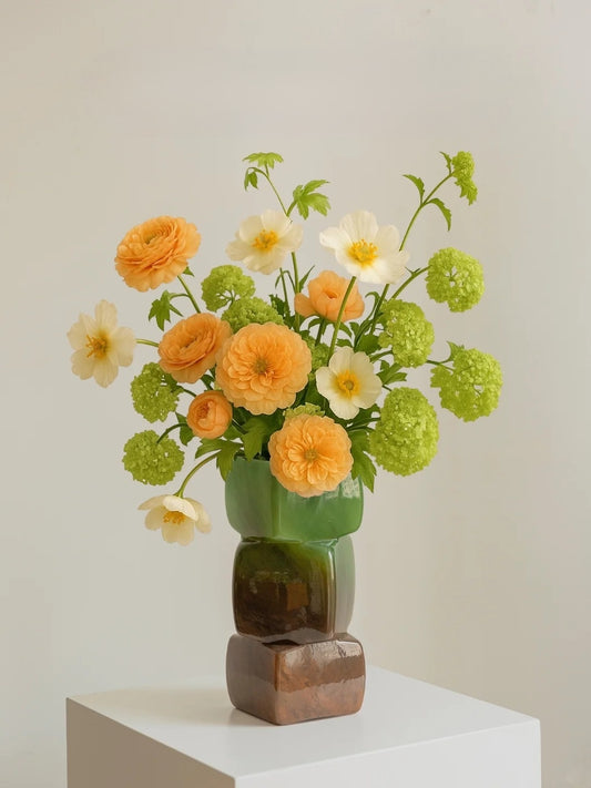 Modern Stacked Glass Vase - Green to Amber Gradient, Handcrafted Geometric Home Decor, Luxury Centerpiece for Living Room & Wedding