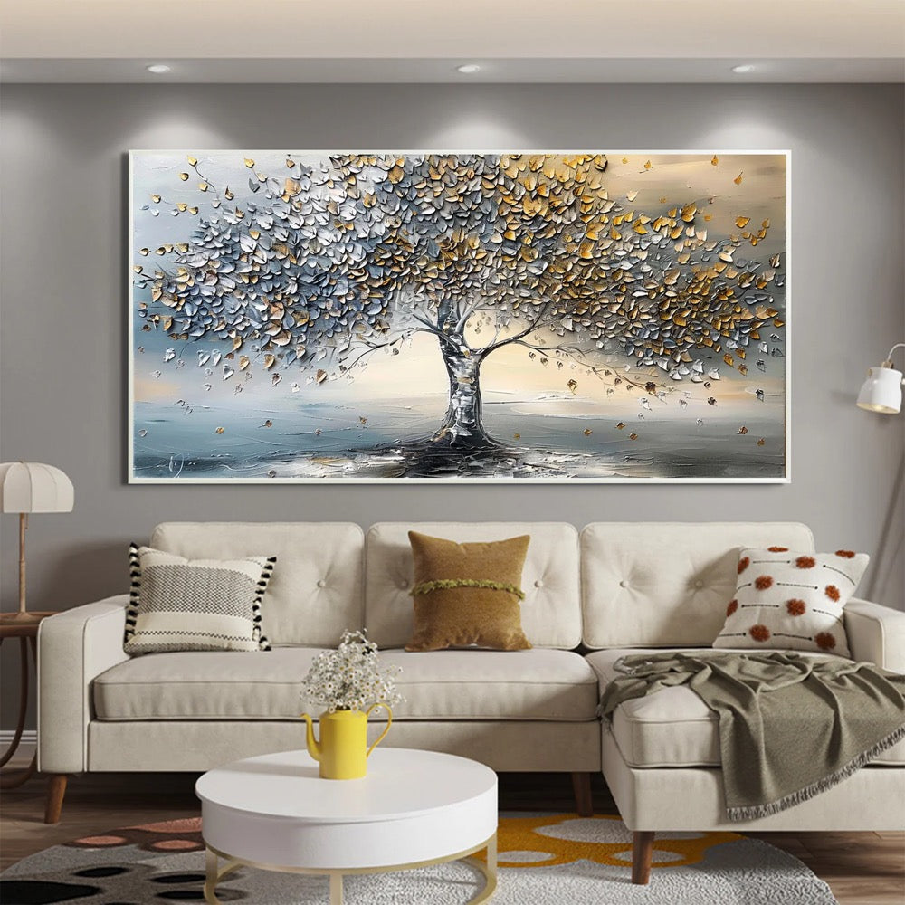 Tree of Life Oil Painting | Stretched Canvas Print | Abstract Gold & Silver Blossom Tree Wall Art | Living Room Home Decor