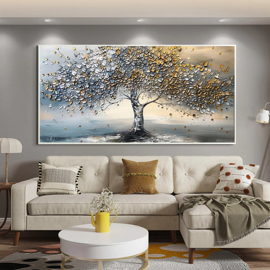 Tree of Life Oil Painting | Stretched Canvas Print | Abstract Gold & Silver Blossom Tree Wall Art | Living Room Home Decor