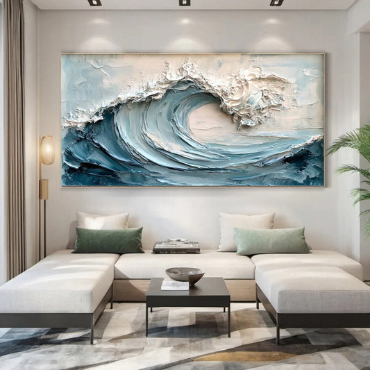 3D Frame Ocean Wave Oil Painting On Canvas Abstract Nature Blue Sea Wave Scenery Textured Wall Art Large Original Wall Art Living Room Decor