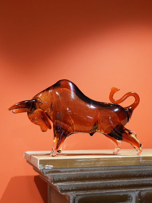 Murano Style Amber-Glass Modern Bull Sculpture