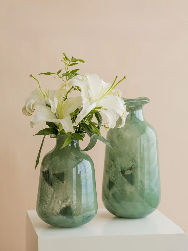 Forest Green Hand-Blown Glass Vase–Handcrafted Crystal Home Decor Inspired by Nature