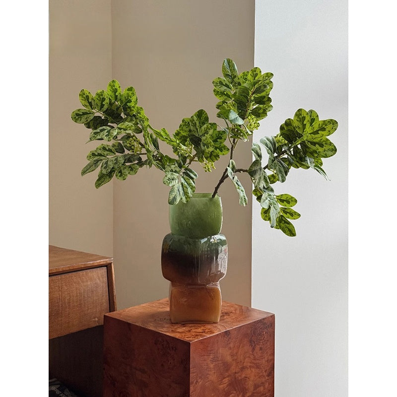 Modern Stacked Glass Vase - Green to Amber Gradient, Handcrafted Geometric Home Decor, Luxury Centerpiece for Living Room & Wedding