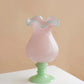 Handmade Wave-Rim Glass Vase - Pink & Green Ombre, Stacked Geometric Base, Boho Home Decor, Centerpiece for Living Room