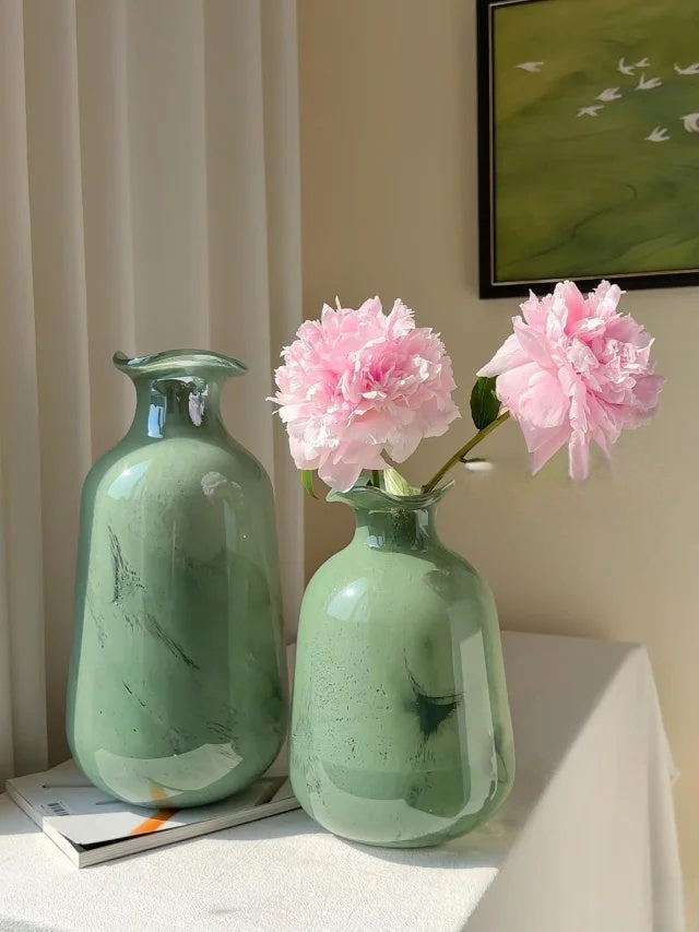 Forest Green Hand-Blown Glass Vase–Handcrafted Crystal Home Decor Inspired by Nature