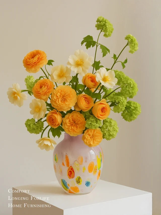Hand-Painted Art Glass Vase - Multicolor Splash Design, White Base with Rainbow Accents, Boho Chic Home Decor