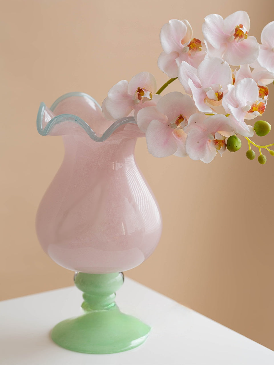 Handmade Wave-Rim Glass Vase - Pink & Green Ombre, Stacked Geometric Base, Boho Home Decor, Centerpiece for Living Room
