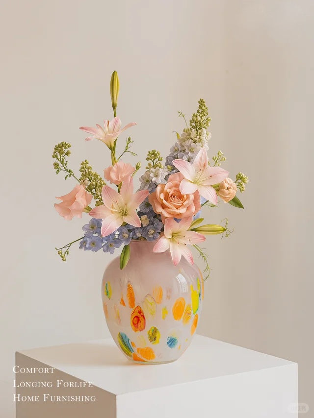 Hand-Painted Art Glass Vase - Multicolor Splash Design, White Base with Rainbow Accents, Boho Chic Home Decor