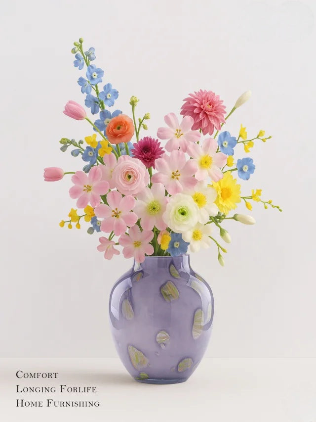 Hand-Painted Art Glass Vase - Multicolor Splash Design, Purple Base with Rainbow Accents, Boho Chic Home Decor