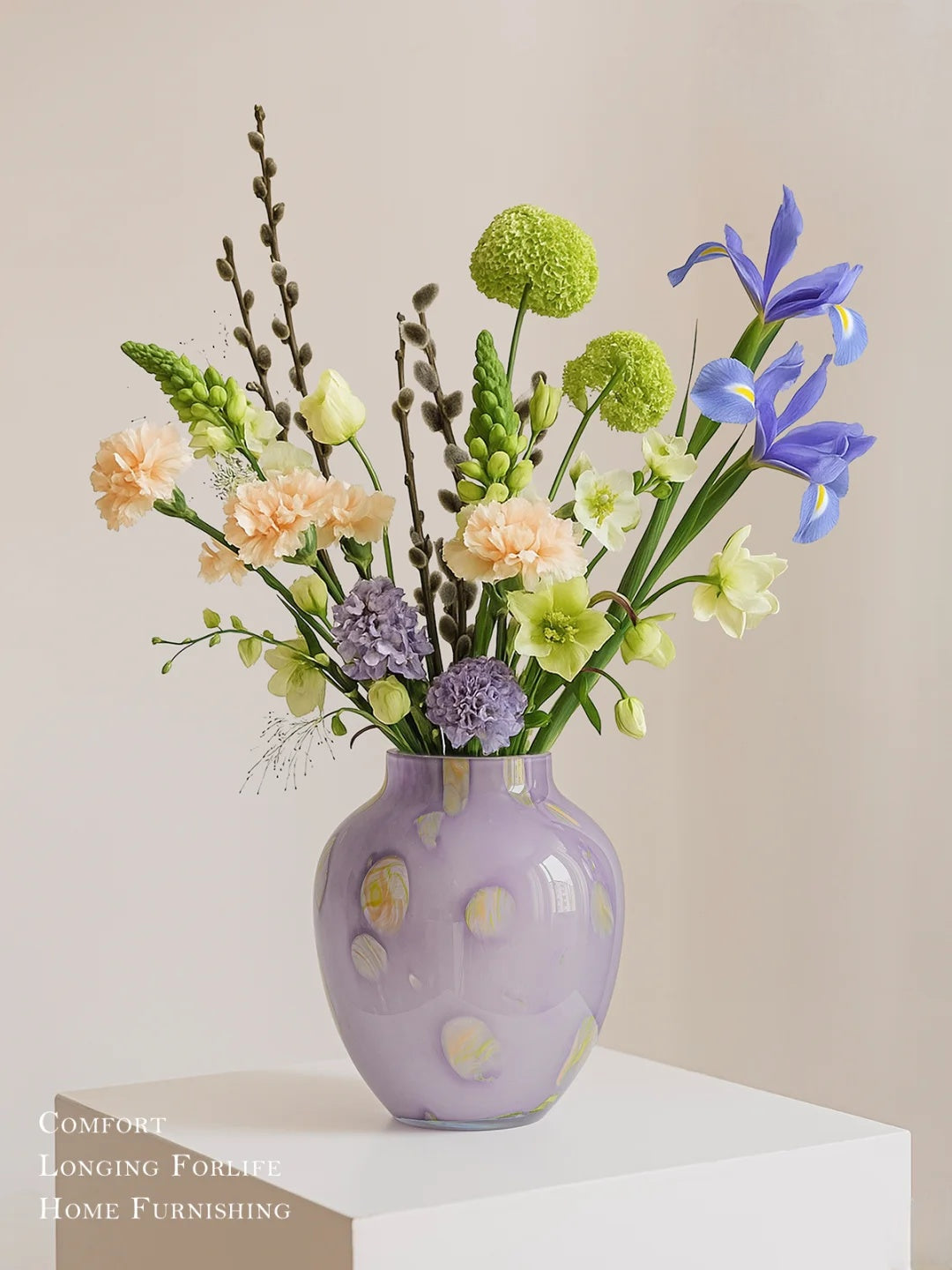 Hand-Painted Art Glass Vase - Multicolor Splash Design, Purple Base with Rainbow Accents, Boho Chic Home Decor