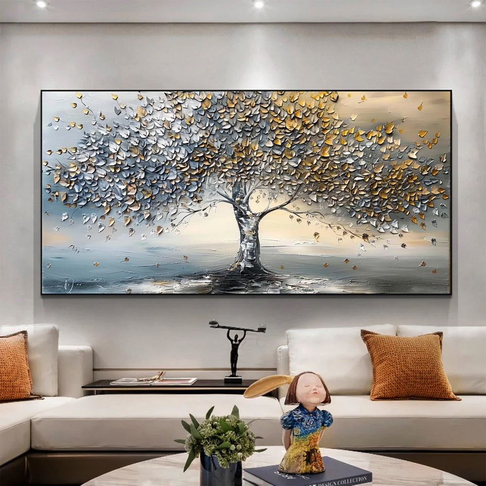 Tree of Life Oil Painting | Stretched Canvas Print | Abstract Gold & Silver Blossom Tree Wall Art | Living Room Home Decor