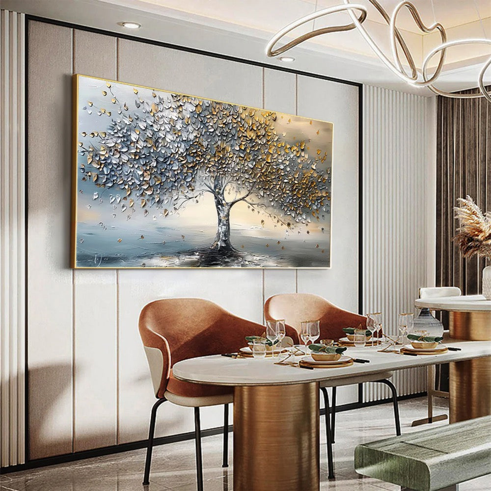 Tree of Life Oil Painting | Stretched Canvas Print | Abstract Gold & Silver Blossom Tree Wall Art | Living Room Home Decor