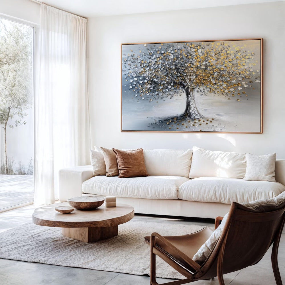 Tree of Life Oil Painting | Stretched Canvas Print | Abstract Gold & Silver Blossom Tree Wall Art | Living Room Home Decor