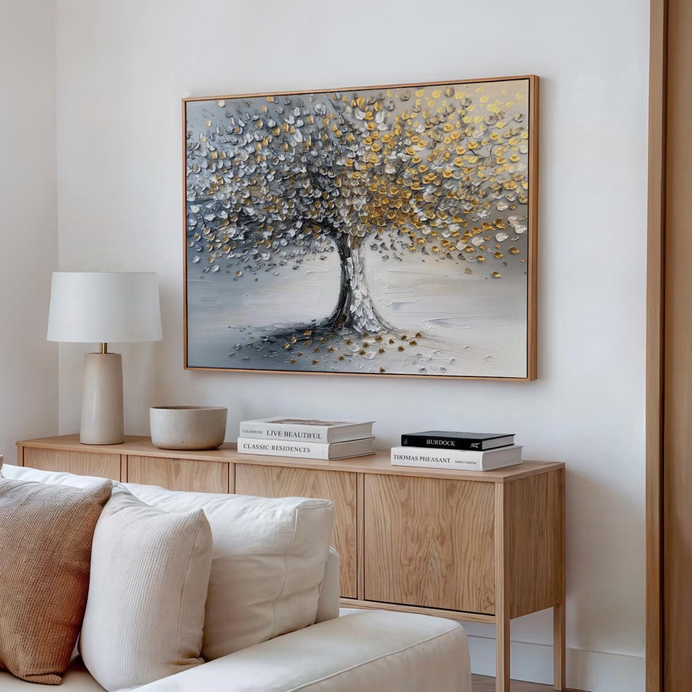 Tree of Life Oil Painting | Stretched Canvas Print | Abstract Gold & Silver Blossom Tree Wall Art | Living Room Home Decor