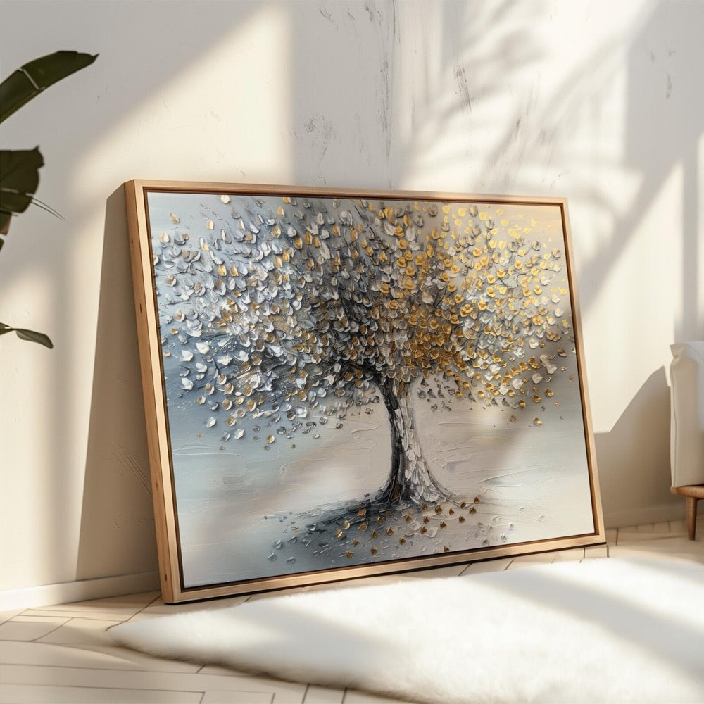 Tree of Life Oil Painting | Stretched Canvas Print | Abstract Gold & Silver Blossom Tree Wall Art | Living Room Home Decor