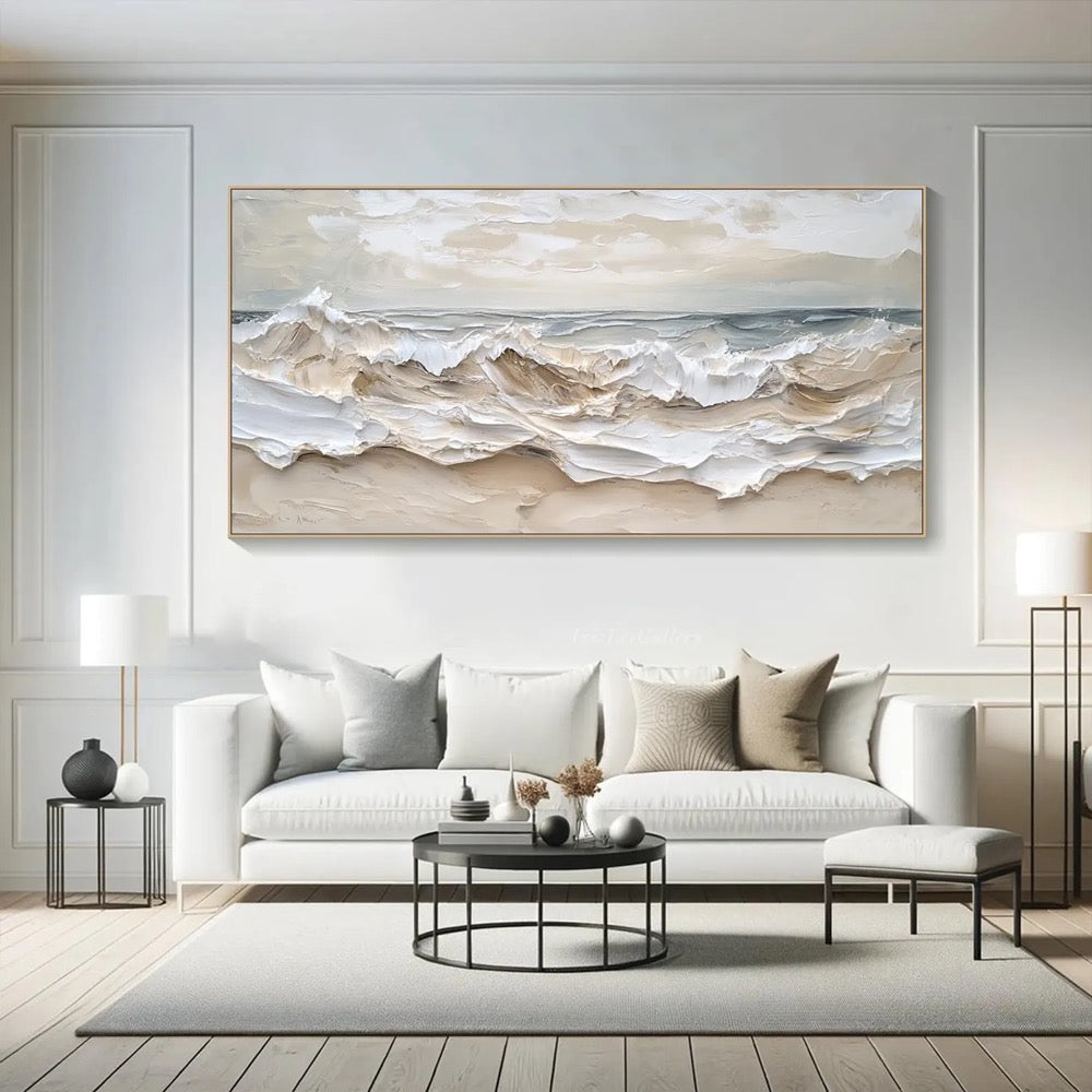 Large 3D Textured Ocean Wall Art Original Plaster Style Beach Painting on Canvas Earth Tone Wave Decor Unique Wabi-sabi Living Room Wall Art