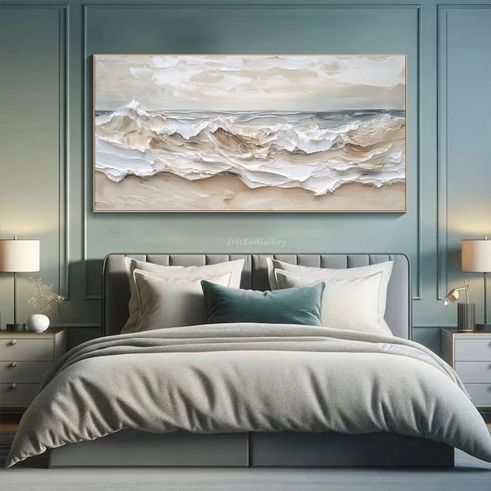 Large 3D Textured Ocean Wall Art Original Plaster Style Beach Painting on Canvas Earth Tone Wave Decor Unique Wabi-sabi Living Room Wall Art
