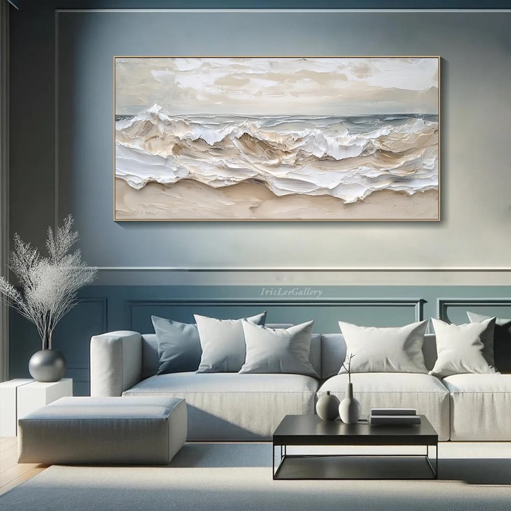 Large 3D Textured Ocean Wall Art Original Plaster Style Beach Painting on Canvas Earth Tone Wave Decor Unique Wabi-sabi Living Room Wall Art