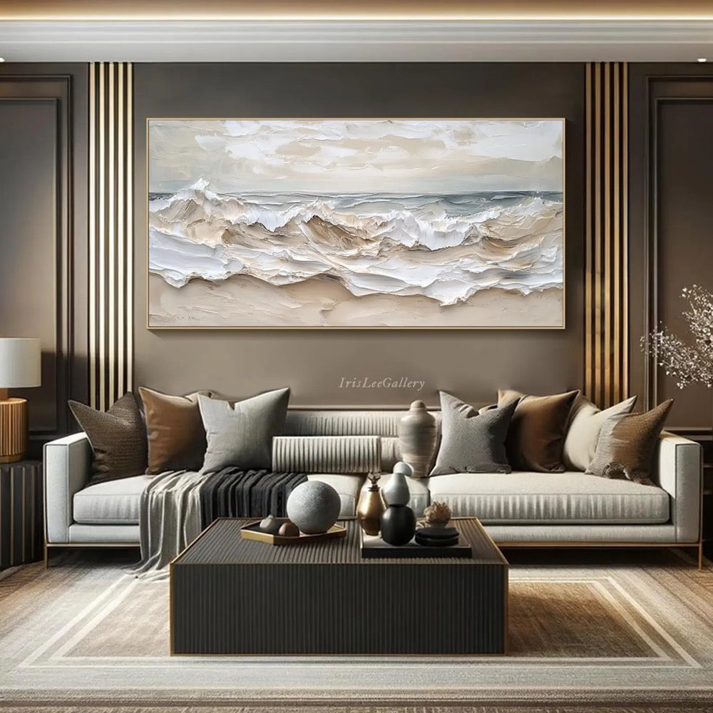 Large 3D Textured Ocean Wall Art Original Plaster Style Beach Painting on Canvas Earth Tone Wave Decor Unique Wabi-sabi Living Room Wall Art