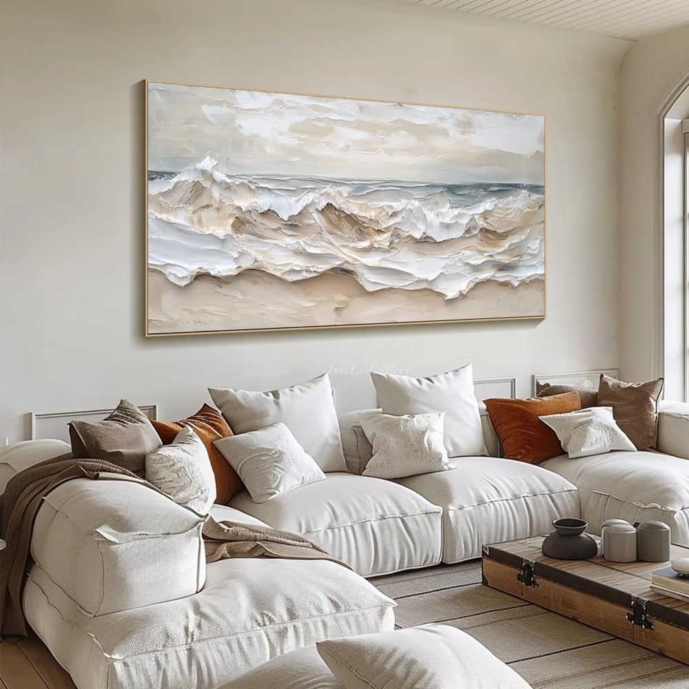 Large 3D Textured Ocean Wall Art Original Plaster Style Beach Painting on Canvas Earth Tone Wave Decor Unique Wabi-sabi Living Room Wall Art