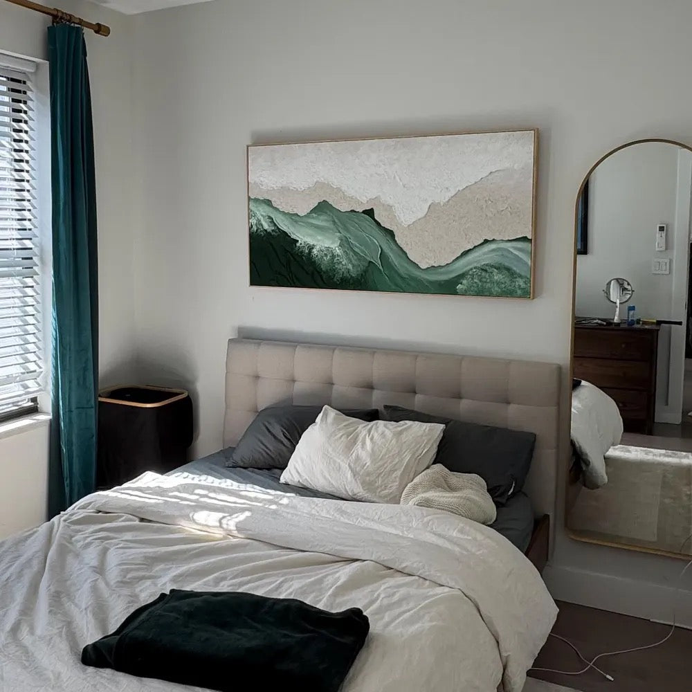 Sage Green Beige Minimalist Beach Painting Large 3D Textured Wall Art Ocean Wave Painting on Canvas Wabi-Sabi Wall Art Living Room Wall Art