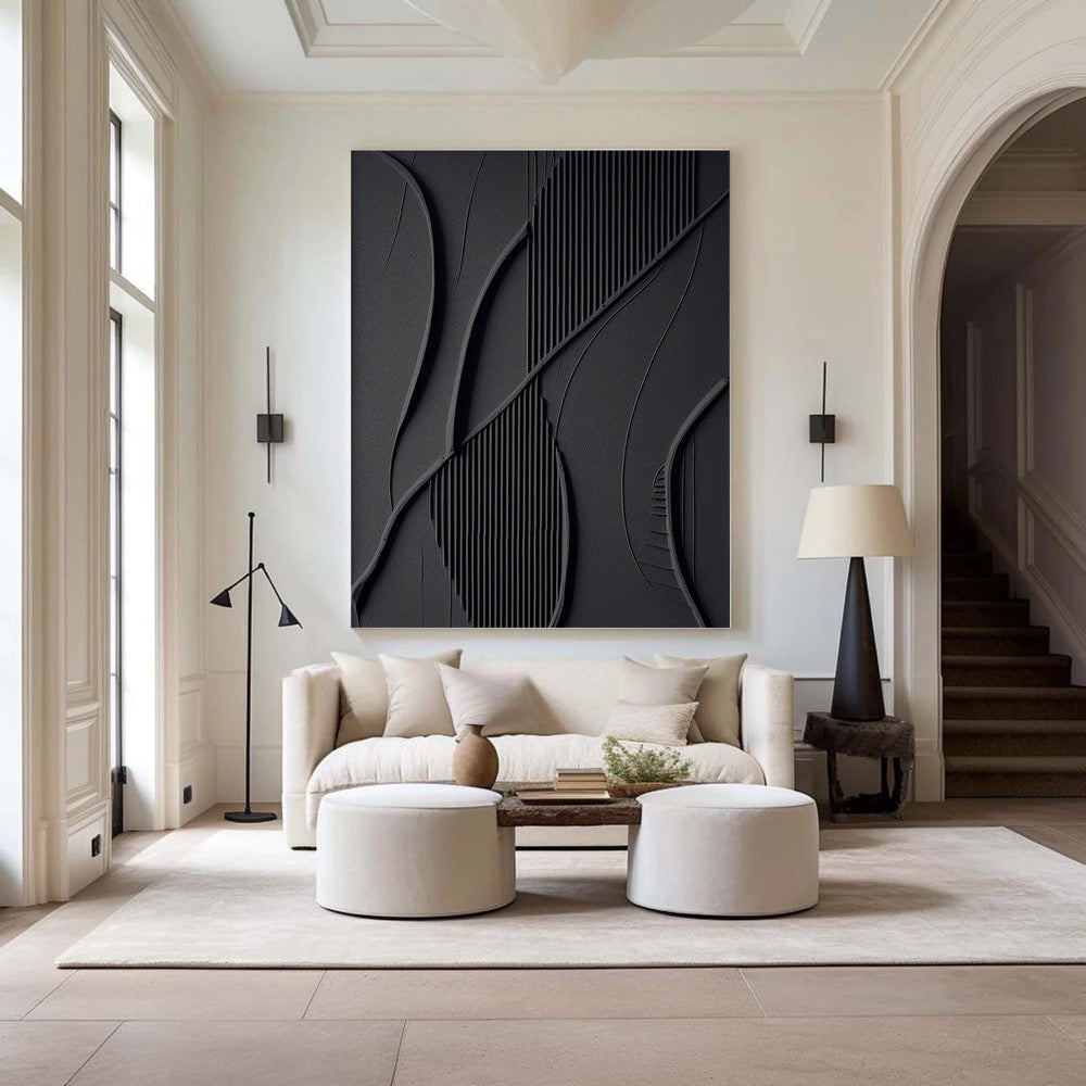 Large Black Minimalist Wall Art , Black 3D Texture Painting , Black Modern Simple Abstract Painting , Black Minimalist Art , Black 3D Art