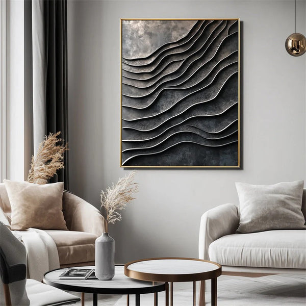 3D Metallic Wave Abstract Wall Art, 3D Wall Art, Black Home Decor, Modern Wall Art, Crumpled Waves Art