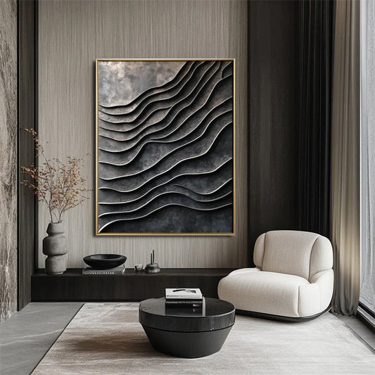 3D Metallic Wave Abstract Wall Art, 3D Wall Art, Black Home Decor, Modern Wall Art, Crumpled Waves Art
