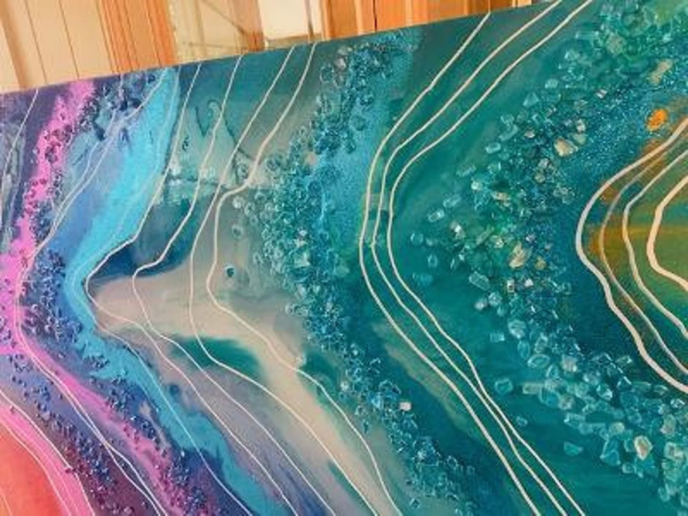 Crystal Resin Glass Huge Agate Abstract Modern Custom Gold Orange Red Green Blue Purple Teal Crystal Water Earth Glass Painting