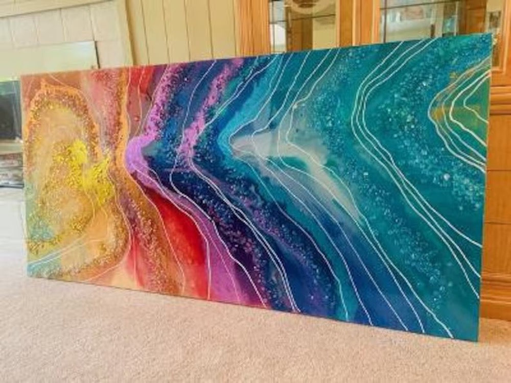 Crystal Resin Glass Huge Agate Abstract Modern Custom Gold Orange Red Green Blue Purple Teal Crystal Water Earth Glass Painting