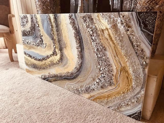 Resin Wall Geode Art Big to Huge Painting Quartz Glass Original Abstract Modern Silver Gold Gray Crystal Foil Leaf