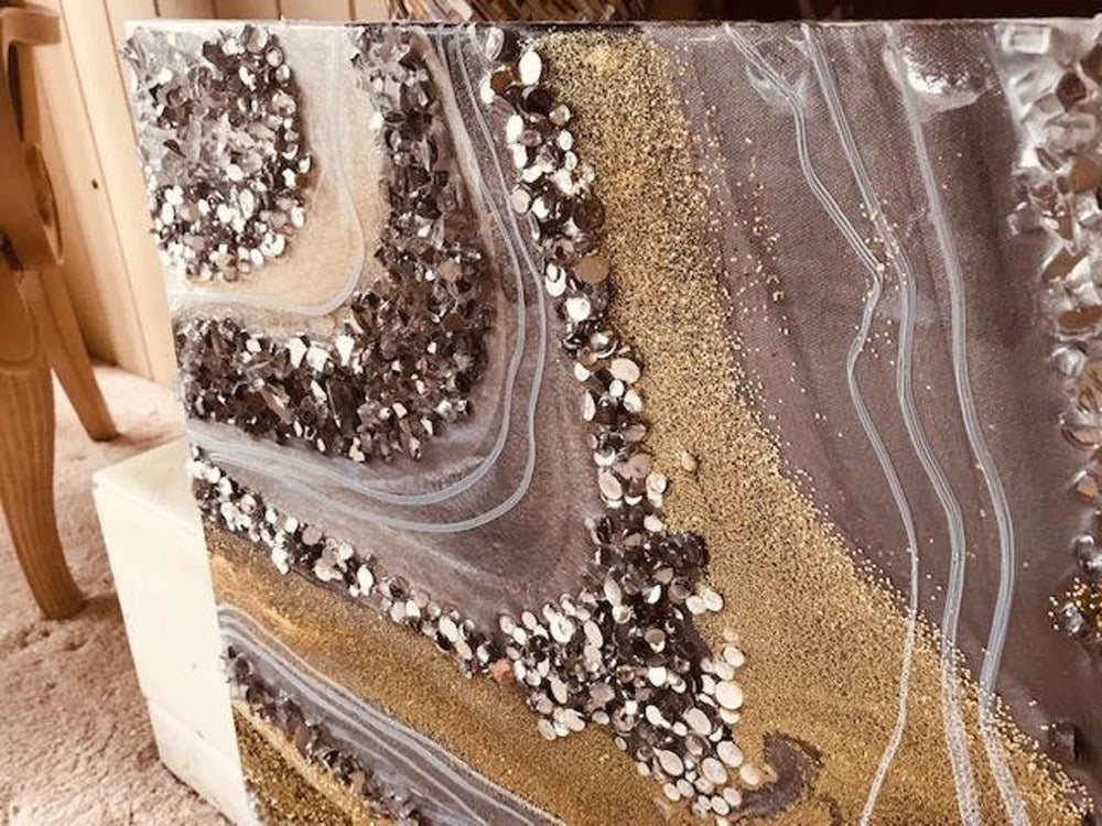 Resin Wall Geode Art Big to Huge Painting Quartz Glass Original Abstract Modern Silver Gold Gray Crystal Foil Leaf