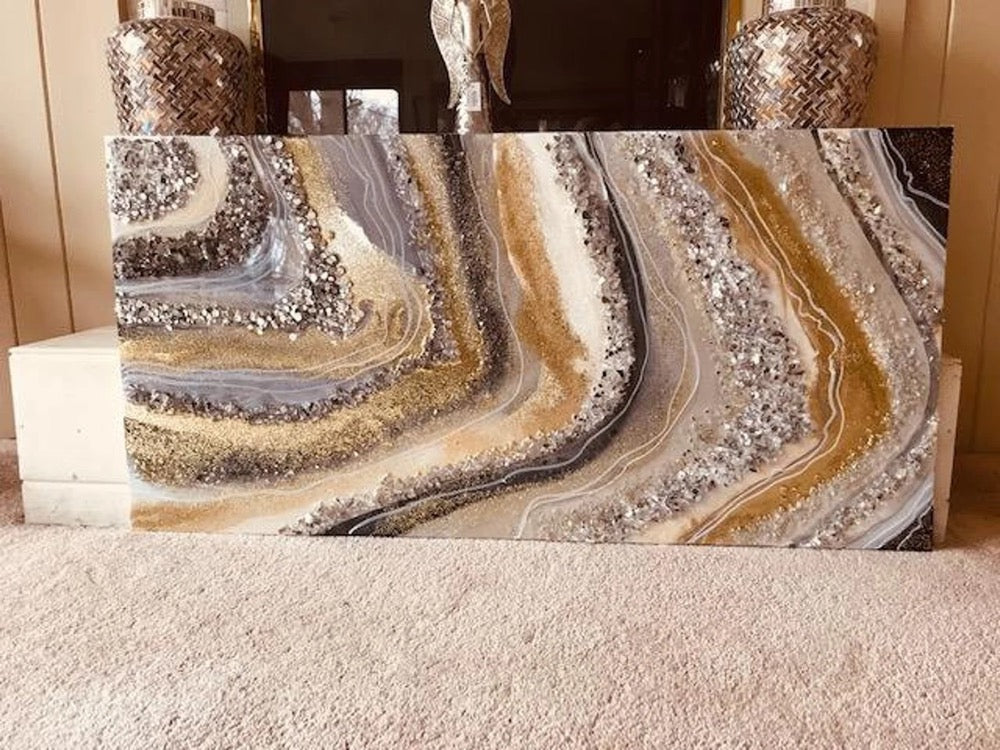 Resin Wall Geode Art Big to Huge Painting Quartz Glass Original Abstract Modern Silver Gold Gray Crystal Foil Leaf