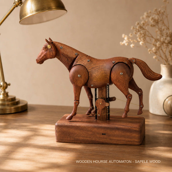Dark wooden horse automaton on a desk beside a brass lamp